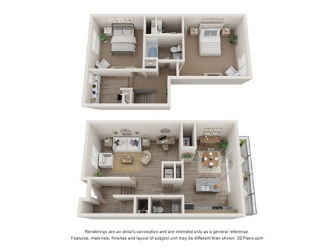 a stylized view of a 2 bedroom floor plan with an office and living room